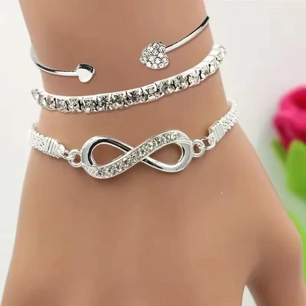 1/3Pcs Set Vintage Crystal Rhinestone Heart Bracelets for Women Fashion Geometric Adjustable Infinity Cuff Bangle Jewelry Gift